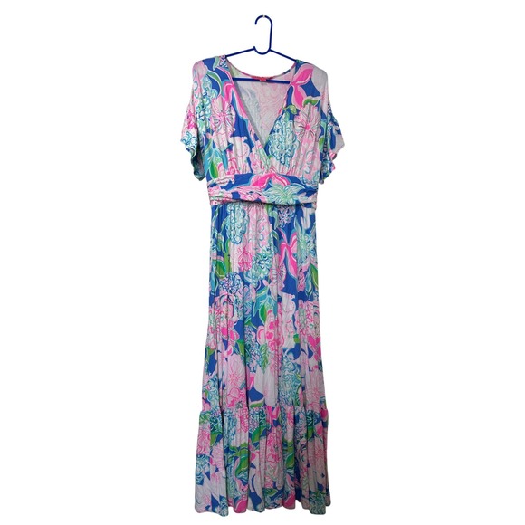 Lilly Pulitzer Dresses & Skirts - Lilly Pulitzer Maxi Dress Floral Print Blue Pink V Neck Sleeve‎ Resort Size L